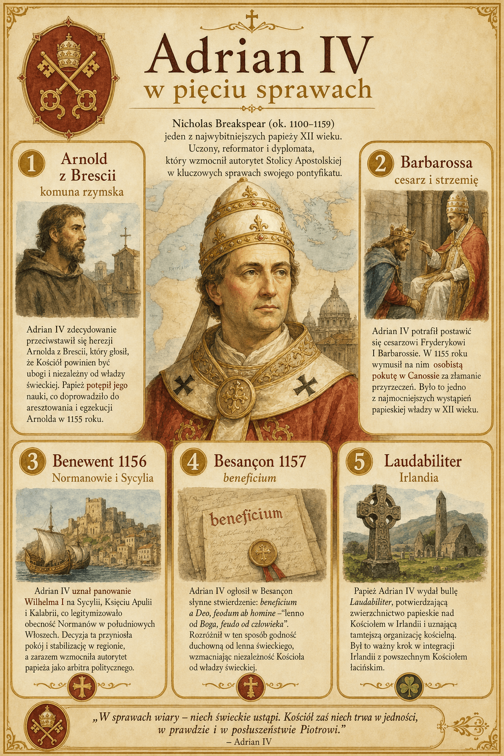 Infografika Ignispedia podsumowująca Adriana IV w pięciu sprawach: Arnold z Brescii, Barbarossa, Benewent, Besançon i Laudabiliter