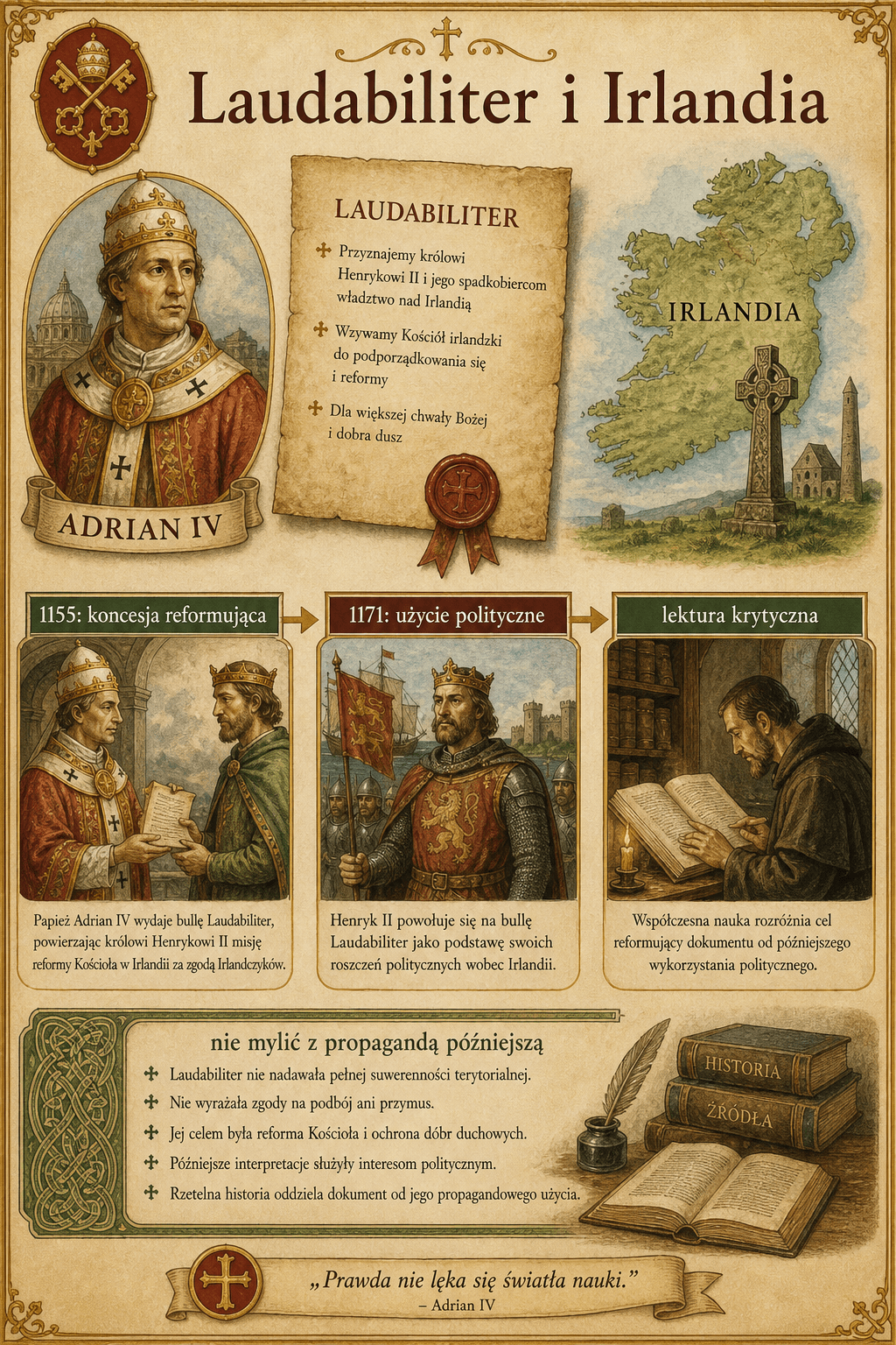 Infografika o Laudabiliter i Irlandii, od prośby Henryka II do współczesnego krytycznego ponownego odczytania
