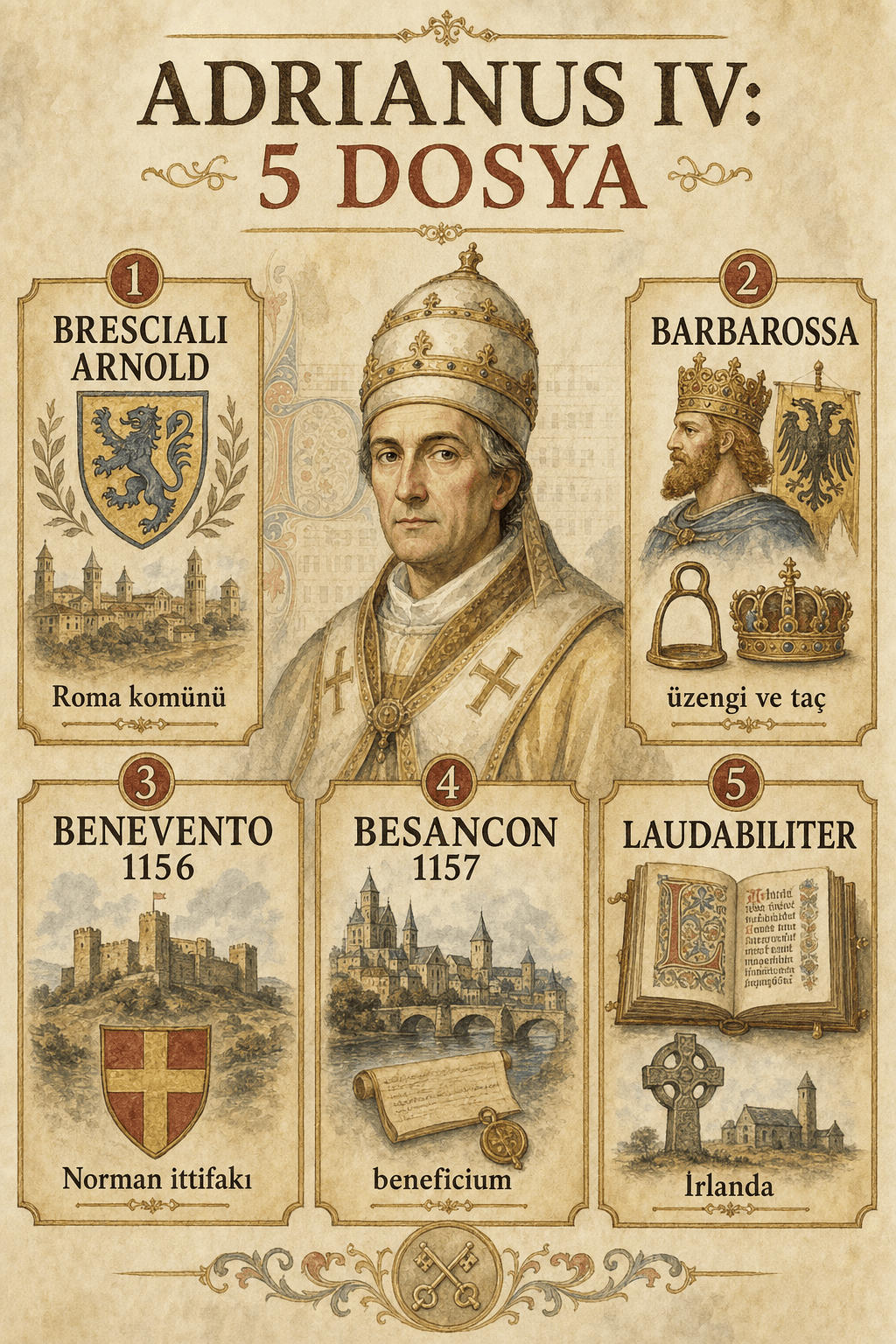 Adrianus IV'ü beş dosyada özetleyen Ignispedia infografiği: Brescialı Arnold, Barbarossa, Benevento, Besançon ve Laudabiliter