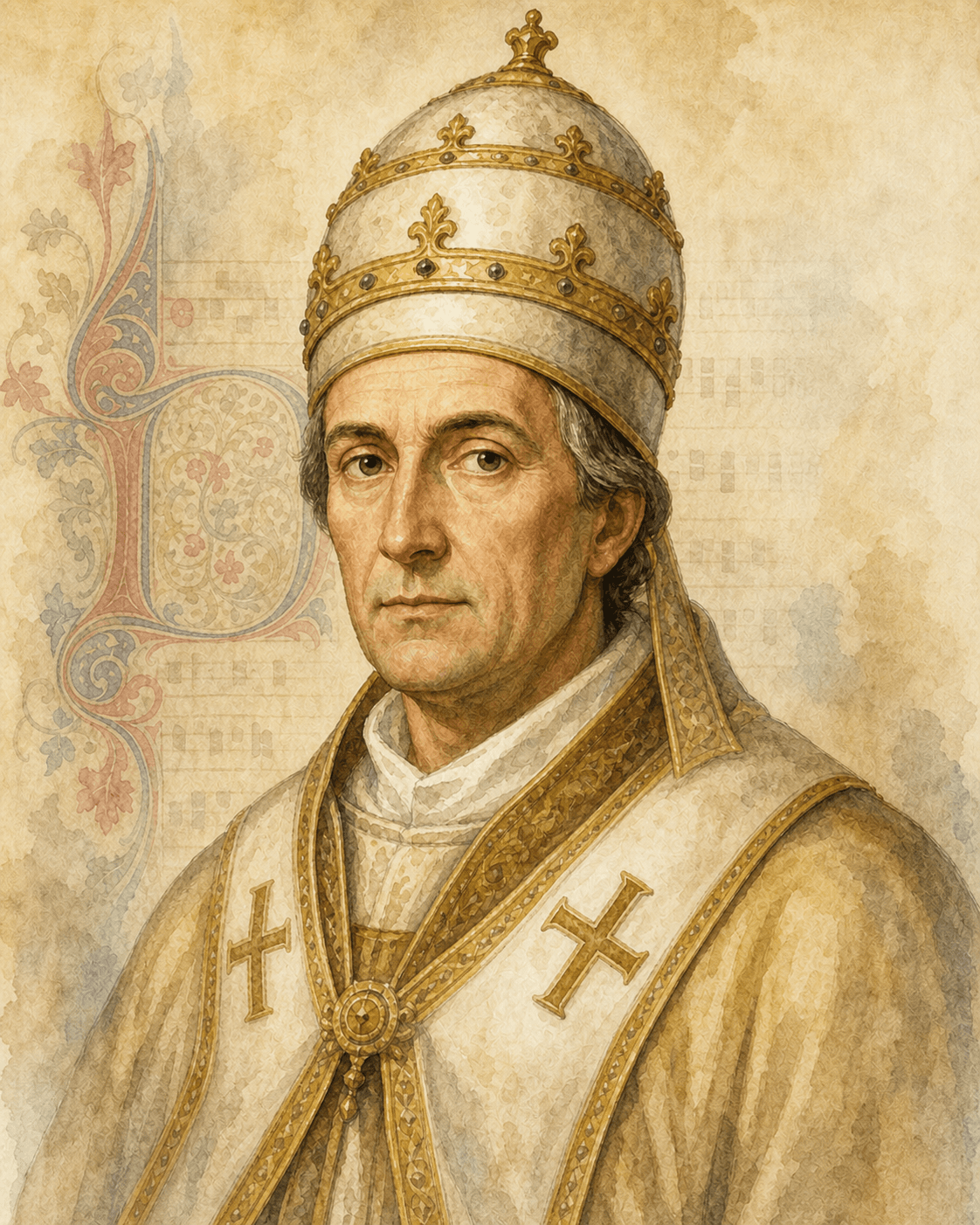 Ortaçağ pontifik giysileri içinde Papa Adrianus IV, Nicholas Breakspear, tarihî suluboya portresi
