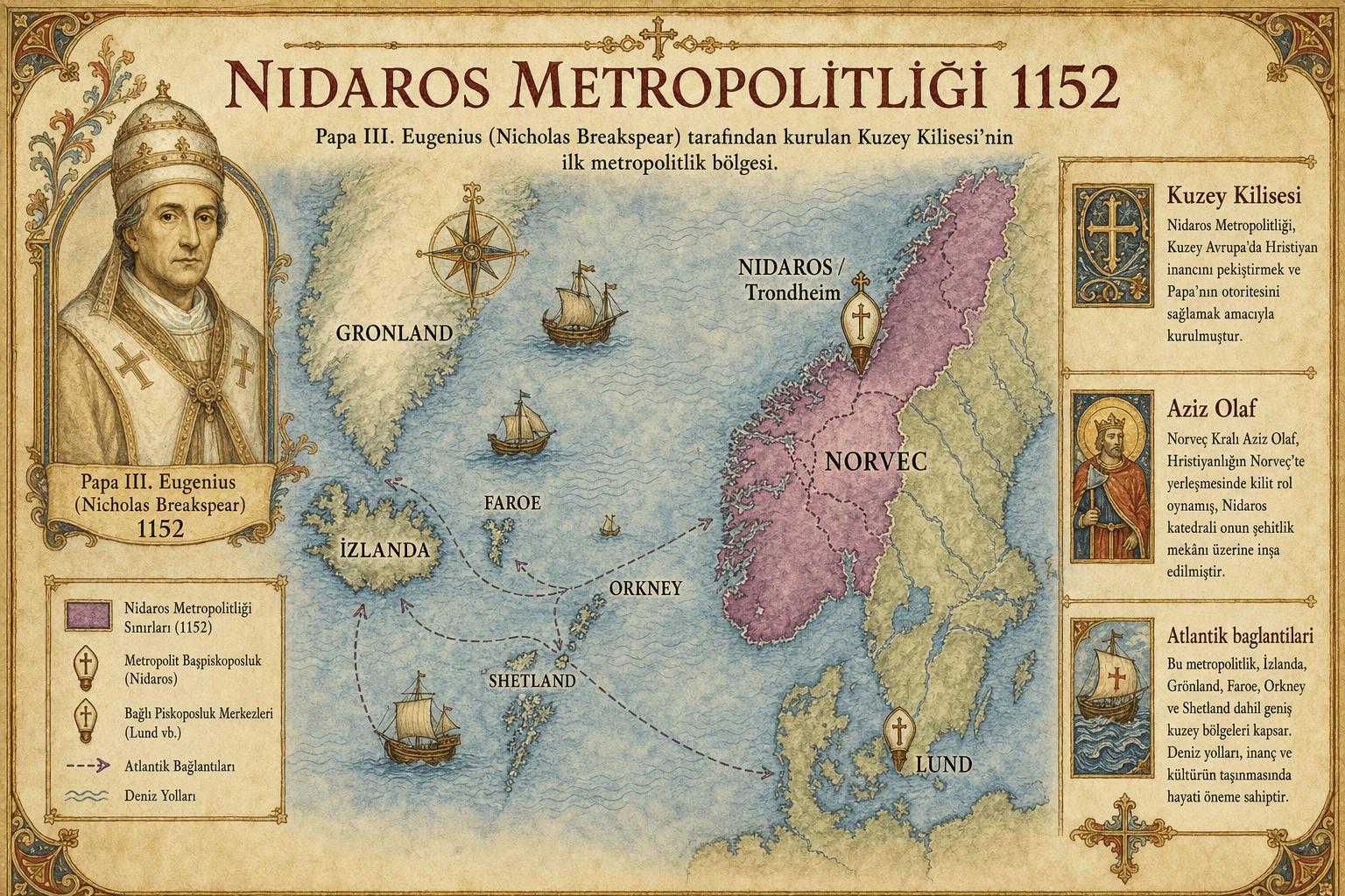 Norveç, İzlanda, Grönland, Faroe Adaları, Orkney, Shetland ve Lund'u içeren 1152'deki büyükşehir Nidaros eyaletinin infografik haritası