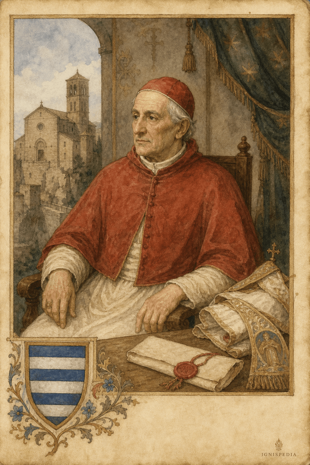 1276'da papa seçilen kardinal-diyakoz Ottobono Fieschi, yani V. Adrianus'un, Fieschi arması ve papalık mantosuyla suluboya tasviri.