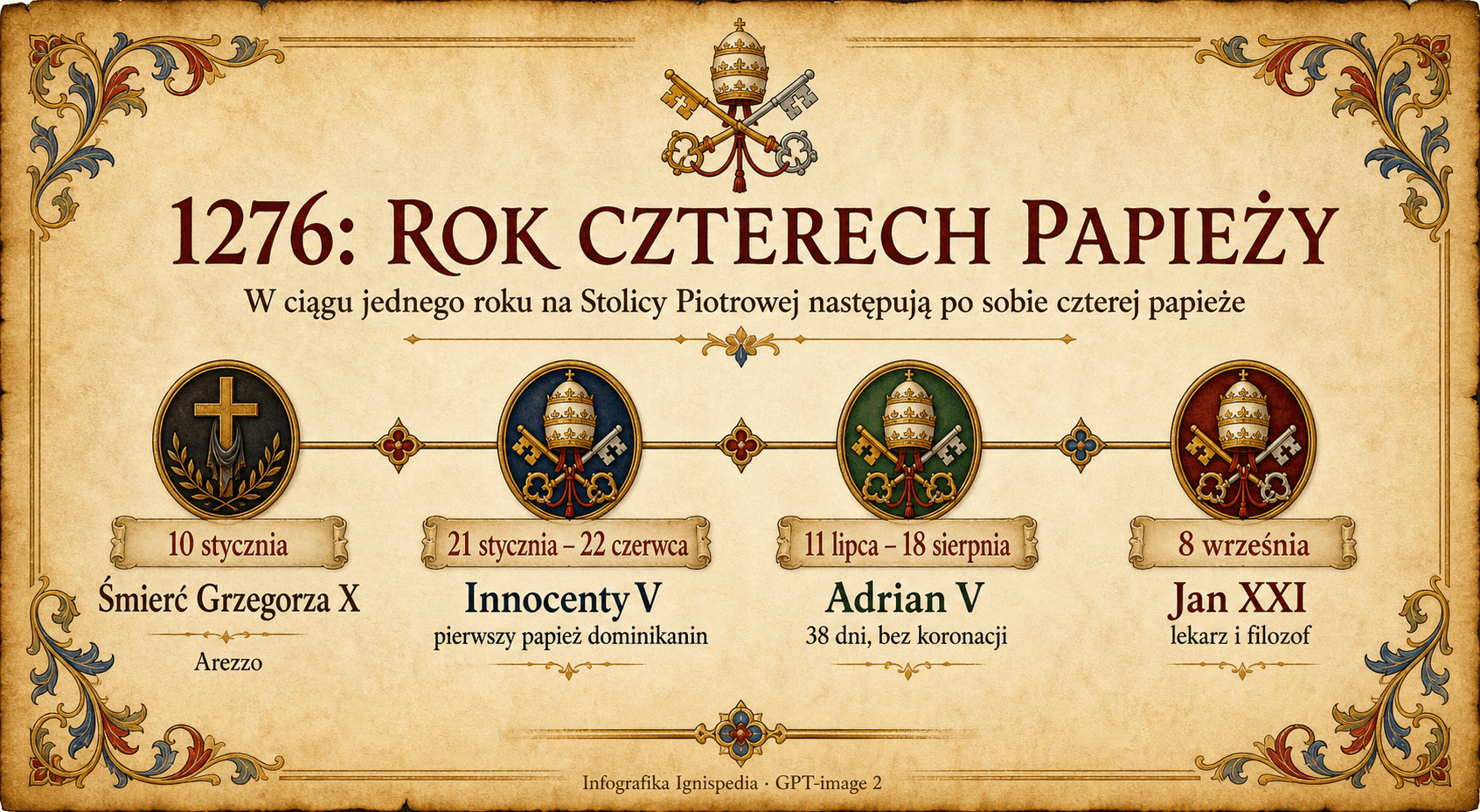 Chronologiczna infografika: 1276, rok czterech papieży, od Grzegorza X do Jana XXI.
