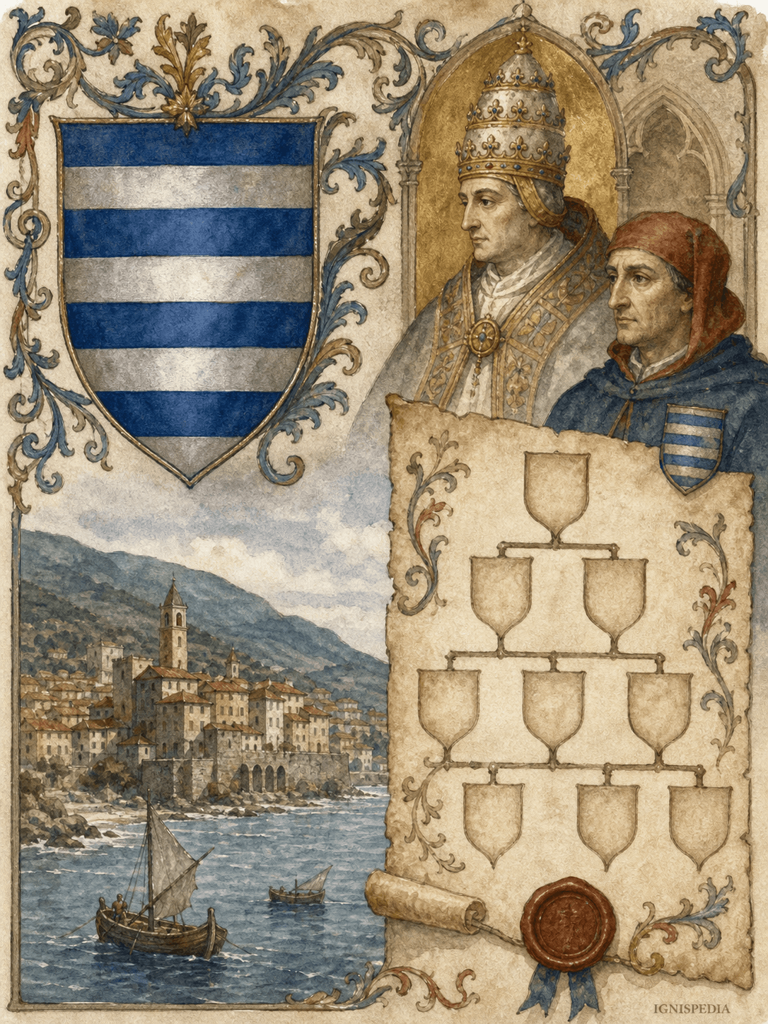 Fieschi ailesinin mavi ve gümüş arması, Lavagna kıyısı ve V. Adrianus'un IV. Innocentius ile akrabalığının çağrışımı.