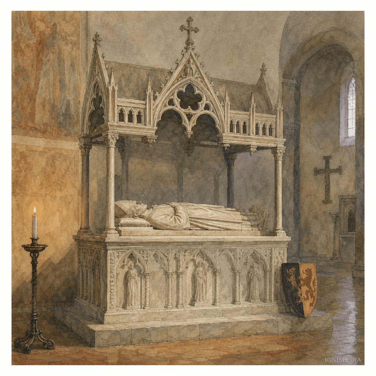 V. Adrianus'un Viterbo San Francesco alla Rocca'daki, Arnolfo di Cambio'ya atfedilen gotik mezarının suluboya tasviri.