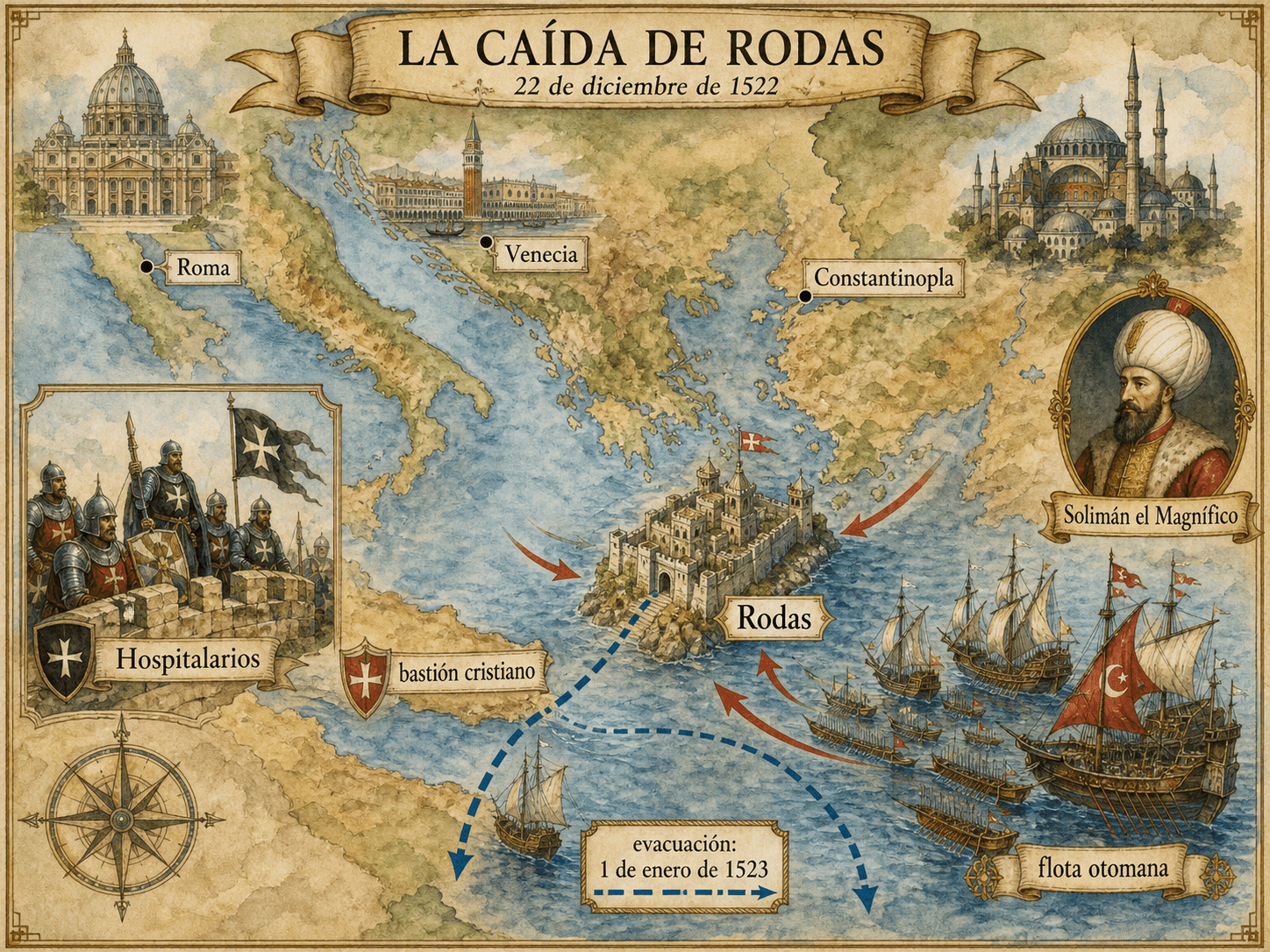 Mapa-infografía en español: la caída de Rodas en diciembre de 1522, con Roma, Venecia, Constantinopla, Rodas, los Hospitalarios y la flota otomana.