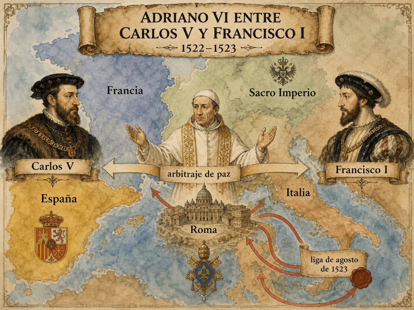 Mapa-infografía en español: Adriano VI entre Carlos V y Francisco I, con España, Francia, el Sacro Imperio, Italia y Roma.