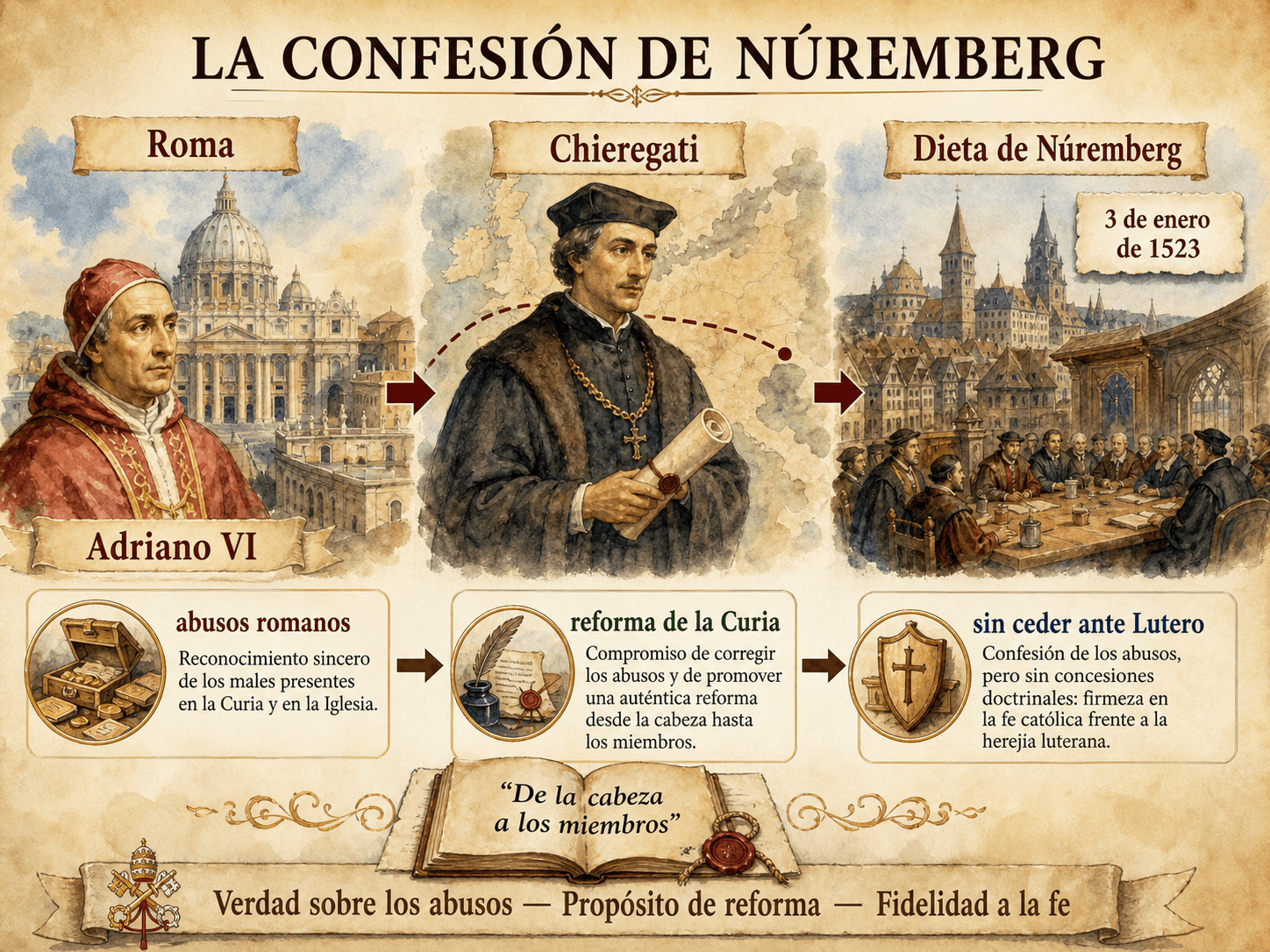 Infografía en español: la confesión de Núremberg, de Roma al legado Chieregati y luego a la Dieta de Núremberg en enero de 1523.