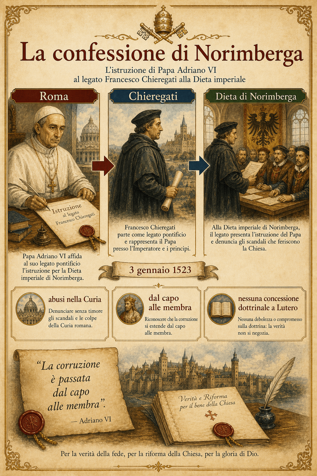 Infografica in italiano: la confessione di Norimberga, da Roma al legato Chieregati e alla Dieta di Norimberga nel gennaio 1523.
