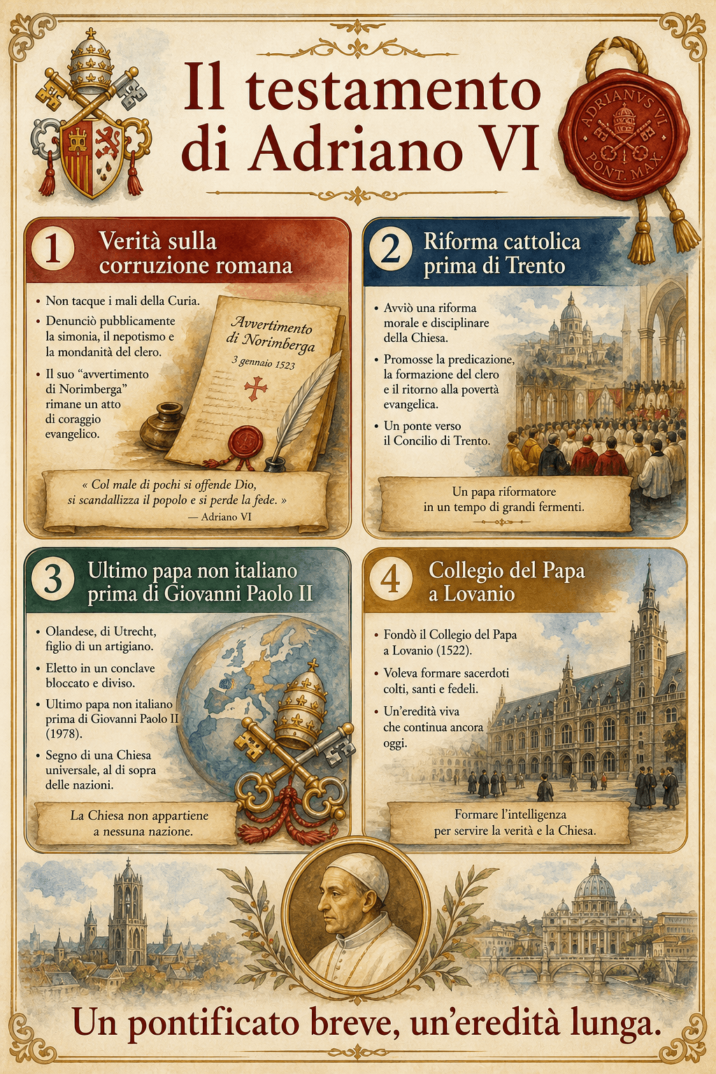 Infografica in italiano: le quattro eredità di Adriano VI, riforma, verità sulla corruzione, ultimo papa non italiano prima di Giovanni Paolo II e Collegio del Papa a Lovanio.