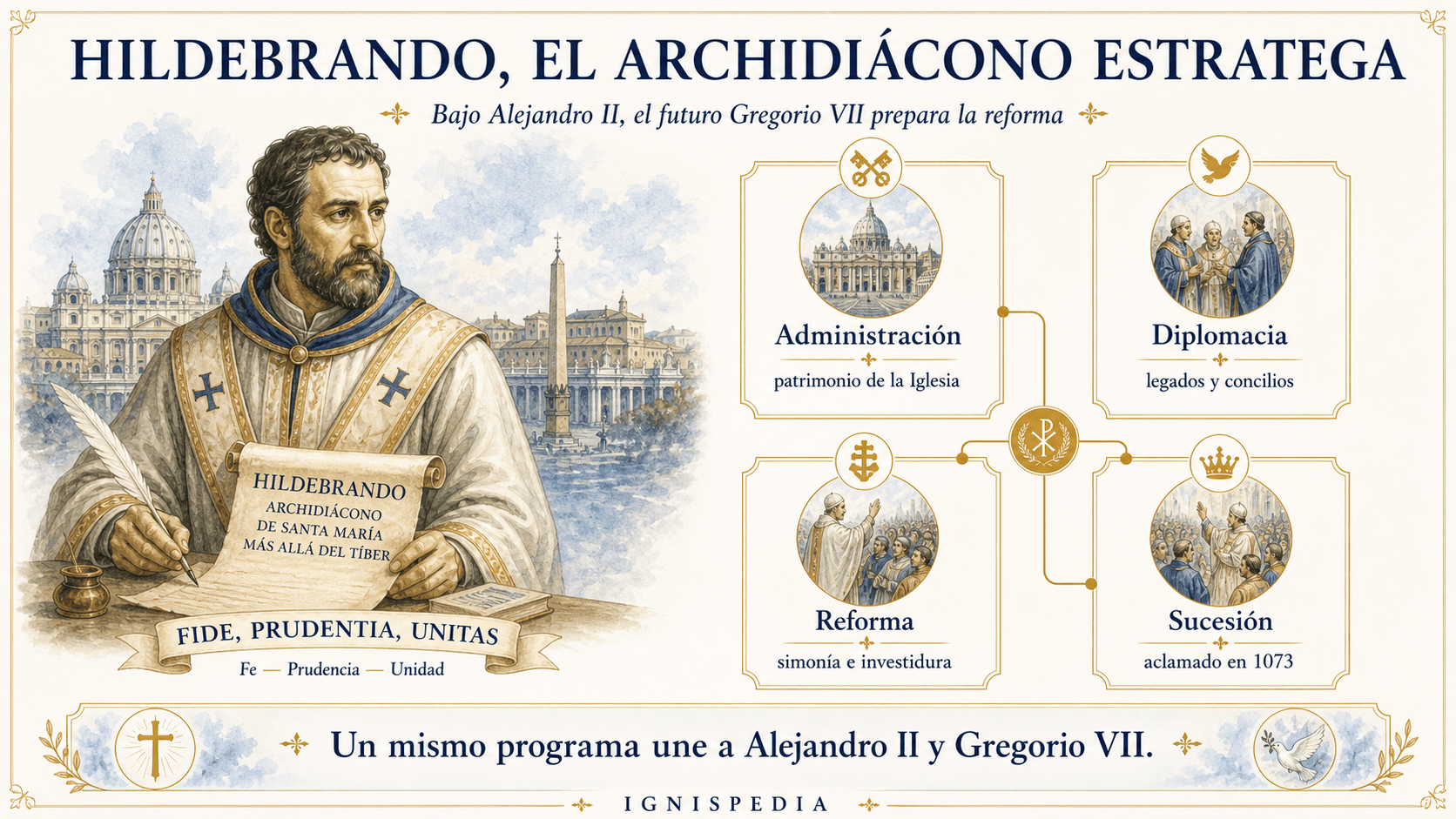 Retrato line-art del archidiácono Hildebrando, futuro papa Gregorio VII, consejero de Alejandro II