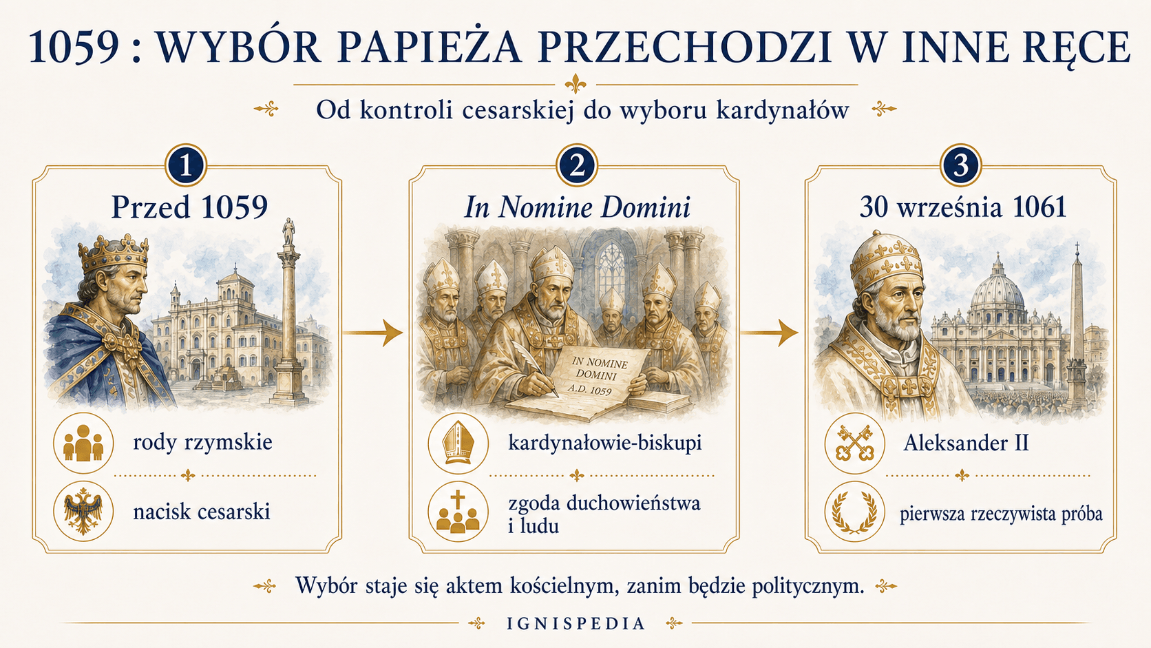 Infografika dekretu In Nomine Domini z 1059 roku i pierwszego wyboru papieskiego za Aleksandra II