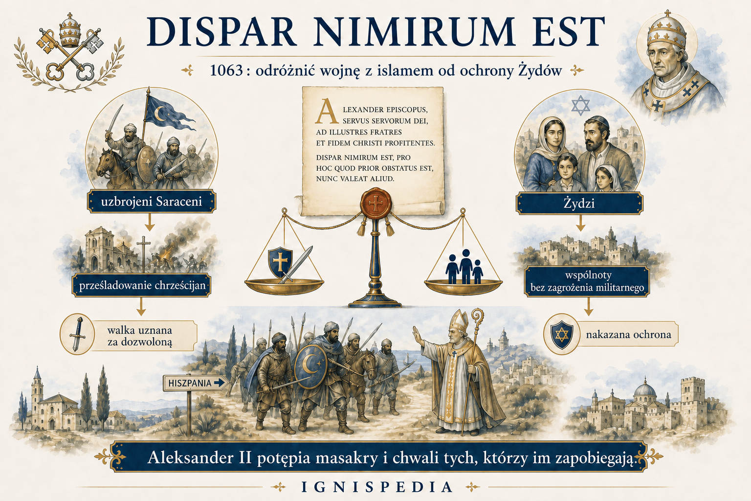 Infografika listu Dispar nimirum est: rozróżnienie wojny zbrojnej z Saracenami i ochrony Żydów