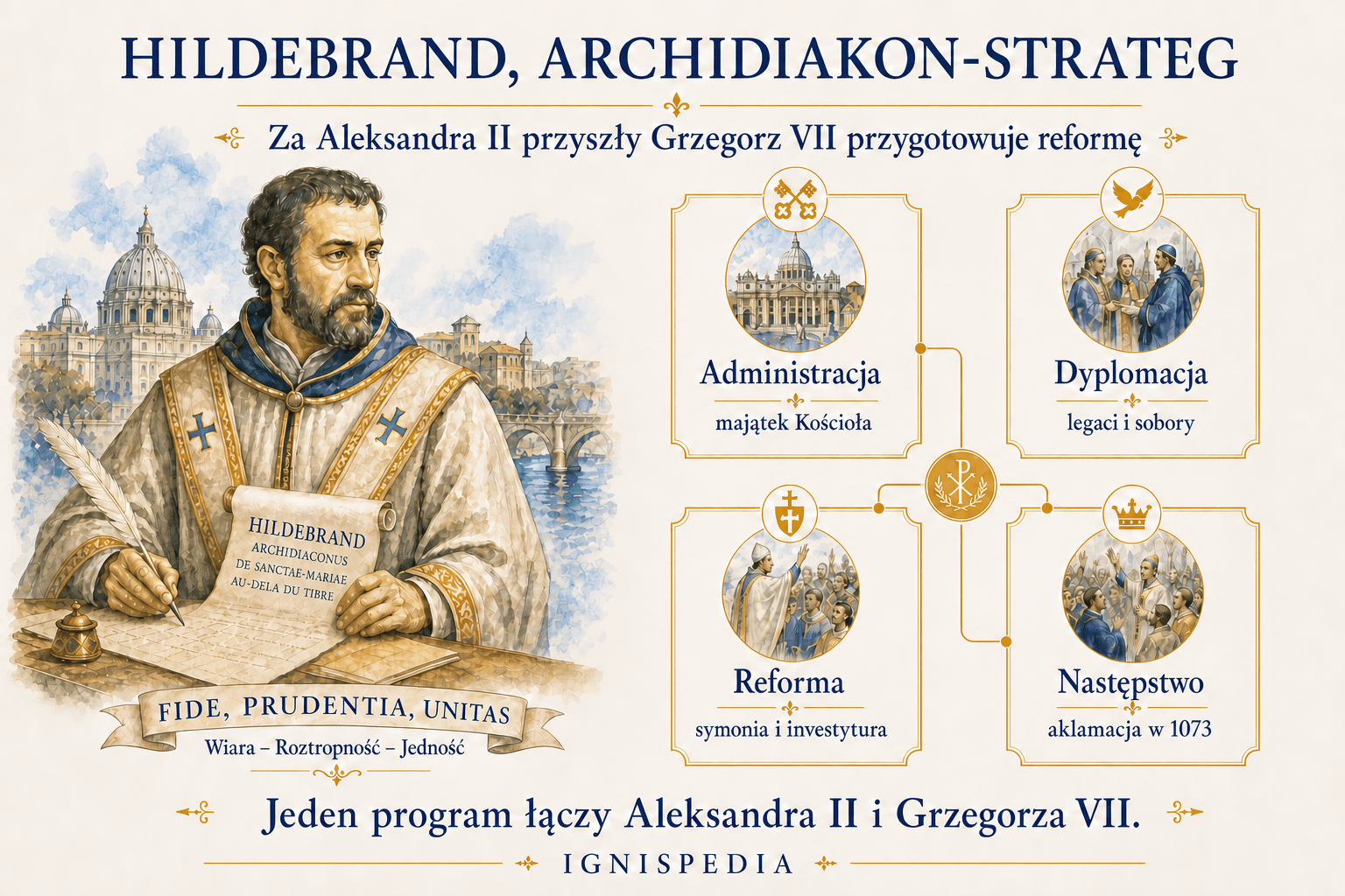 Portret line-art archidiakona Hildebranda, przyszłego papieża Grzegorza VII, doradcy Aleksandra II