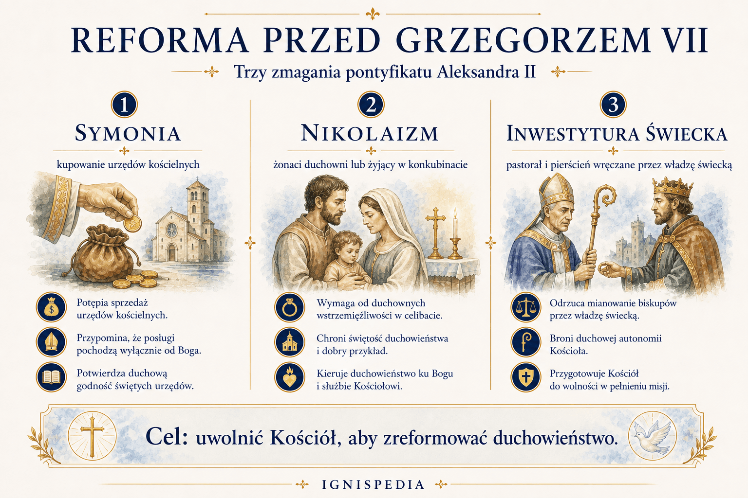 Infografika przedstawiająca trzy walki reformatorskie Aleksandra II przed Grzegorzem VII: symonia, nikolaizm i świecka inwestytura