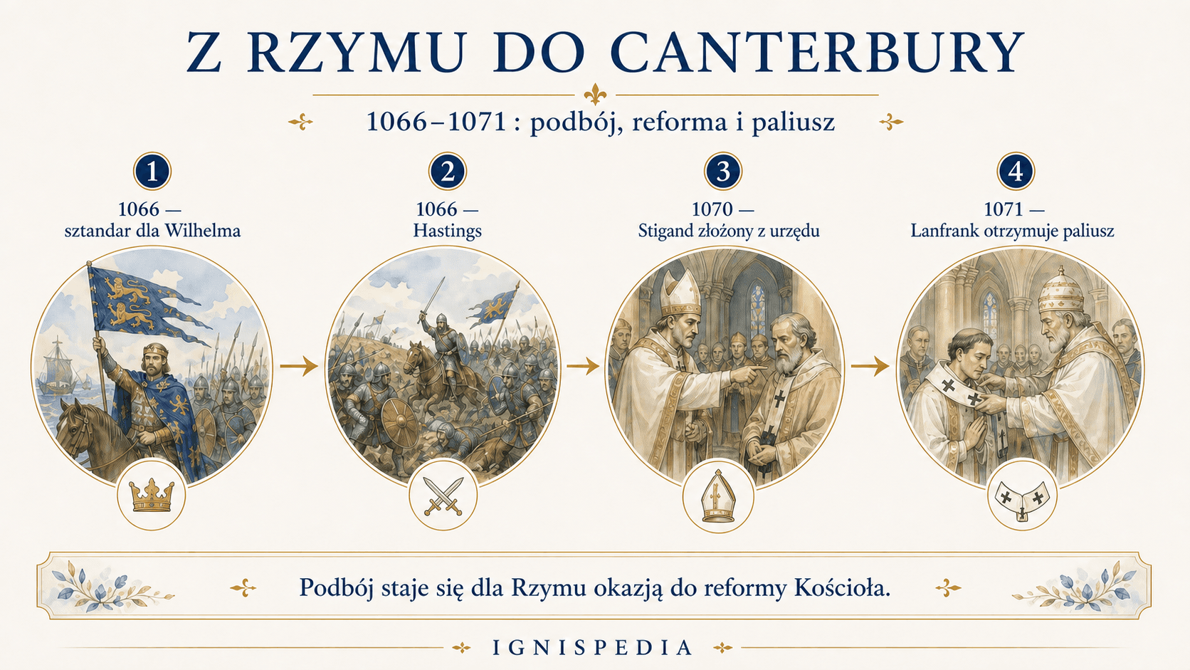 Infografika od Rzymu do Canterbury: błogosławieństwo Wilhelma Zdobywcy, Hastings, detronizacja Stiganda i paliusz Lanfranka