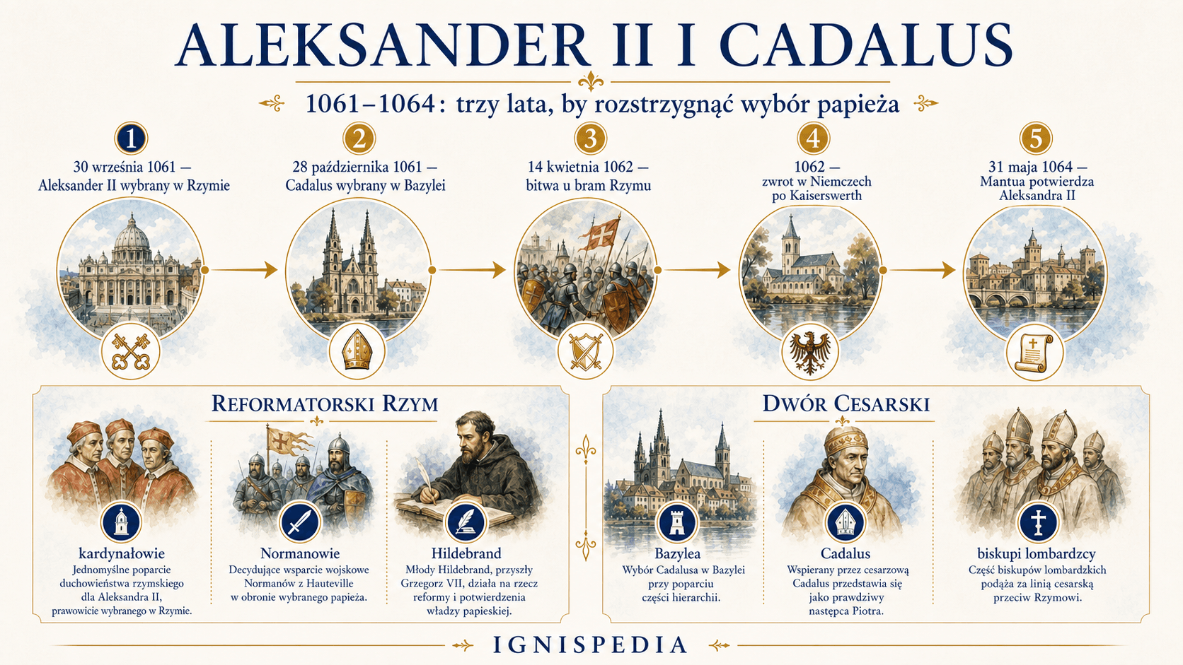 Infografika schizmy między Aleksandrem II a antypapieżem Cadalusem (Honoriuszem II), od Bazylei 1061 do Mantui 1064