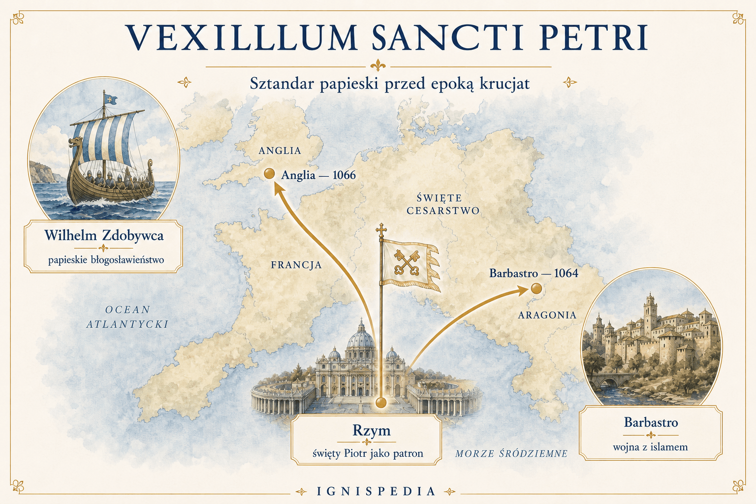 Infografika mapowa vexillum sancti Petri: Rzym, Anglia Wilhelma Zdobywcy i Barbastro w Aragonii