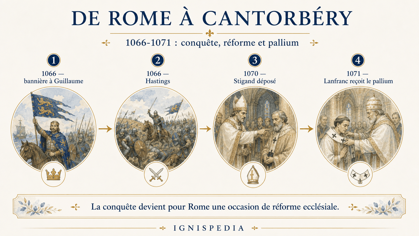 Infographie de Rome à Cantorbéry montrant la bénédiction de Guillaume le Conquérant, Hastings, la déposition de Stigand et le pallium de Lanfranc