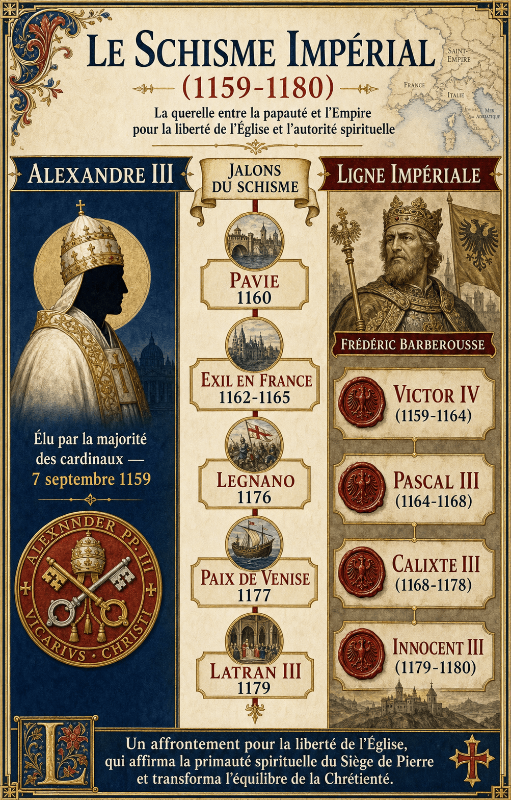 Infografik zum kaiserlichen Schisma von 1159-1180: Alexander III. gegen die vier aufeinanderfolgenden, von Friedrich Barbarossa unterstützten Gegenpäpste