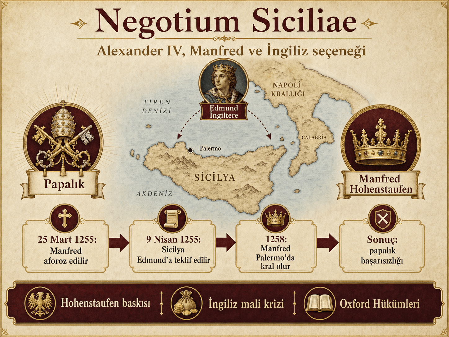 Negotium Siciliae infografiği: papalık, Hohenstaufenli Manfred ve Sicilya Krallığı'nın İngiltere Prensi Edmond'a teklif edilmesi