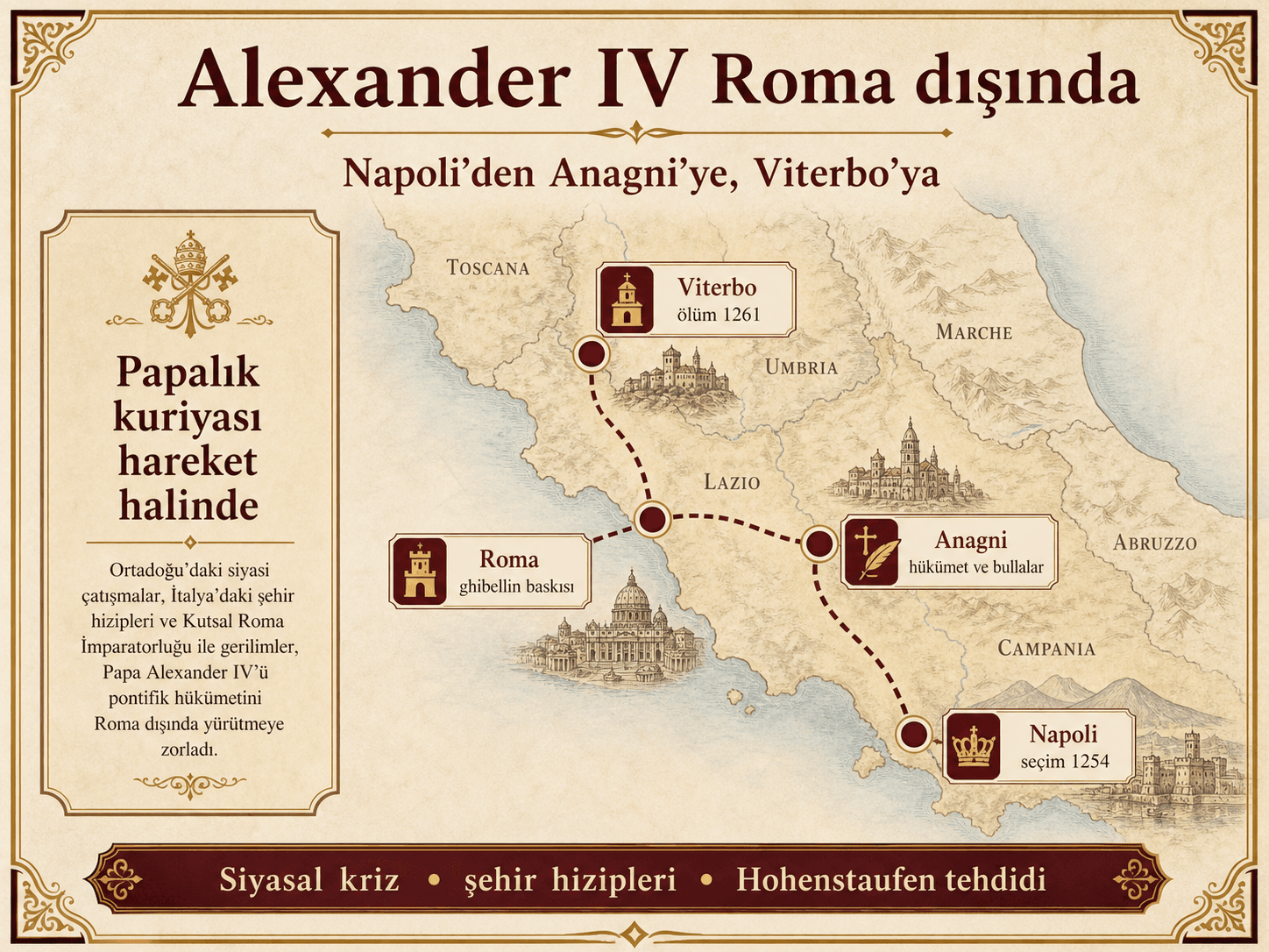 Napoli, Anagni, Roma ve Viterbo arasında Papa IV. Aleksandr’ın papalık ikametgâhlarının harita infografiği