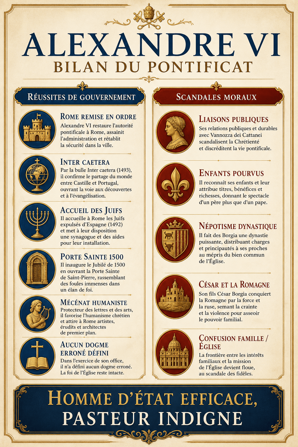 Infographie de bilan du pontificat d'Alexandre VI : réussites et échecs