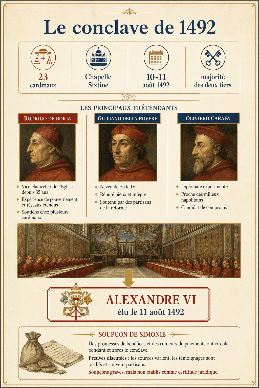 Infographie sur le conclave de 1492 : vingt-trois cardinaux, le scrutin et l'élection de Rodrigo de Borja