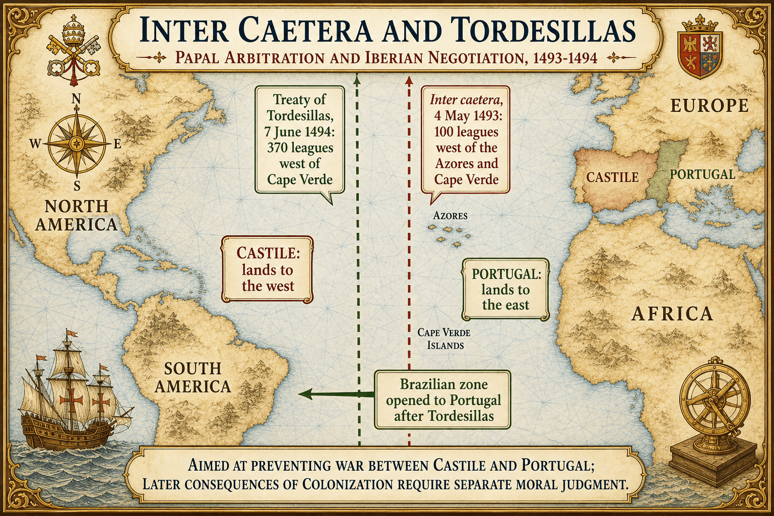 Map infographic of the demarcation line of Inter caetera (1493) and the Treaty of Tordesillas (1494)