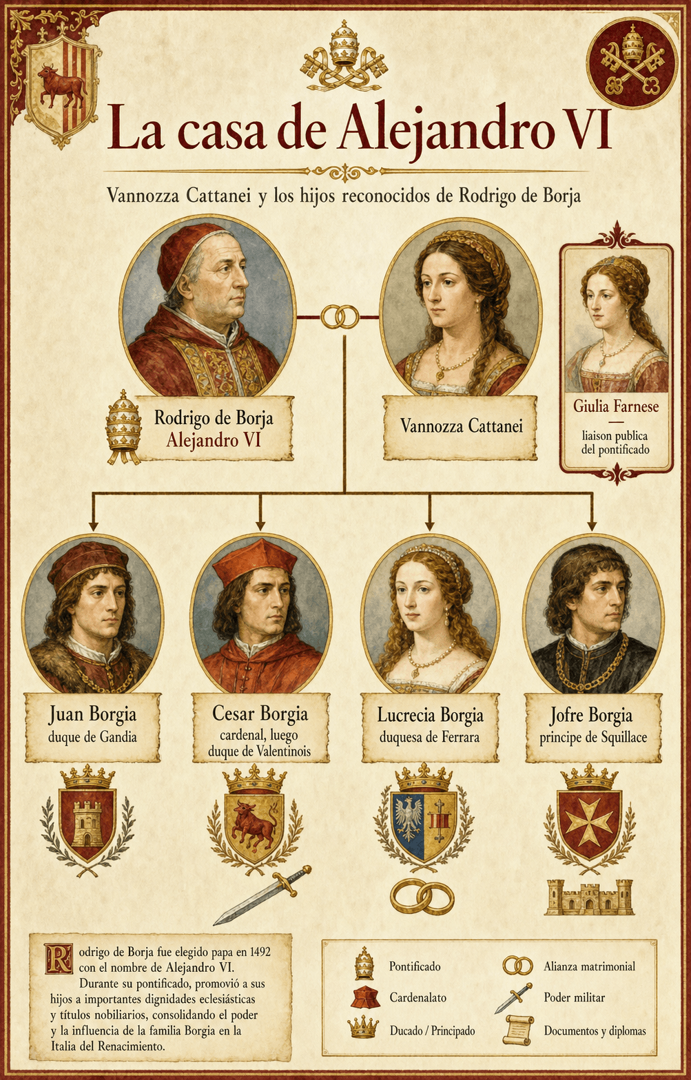 Infografía del árbol familiar de los hijos de Alejandro VI y de sus alianzas