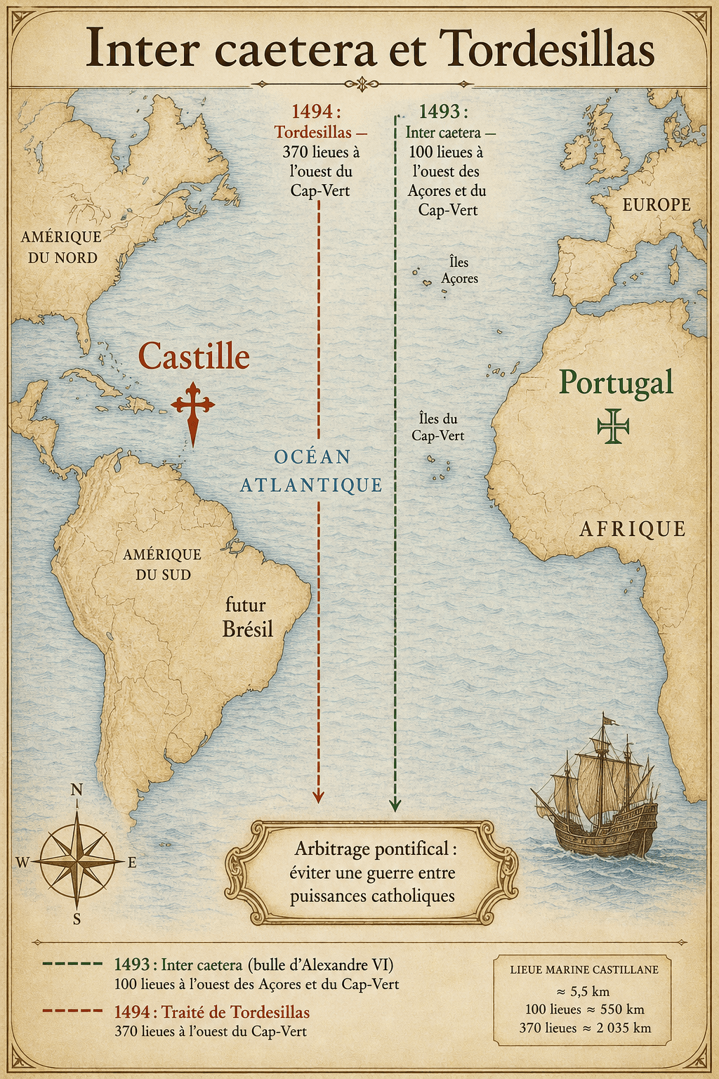 Carte infographique de la ligne de démarcation d'Inter caetera (1493) et du traité de Tordesillas (1494)