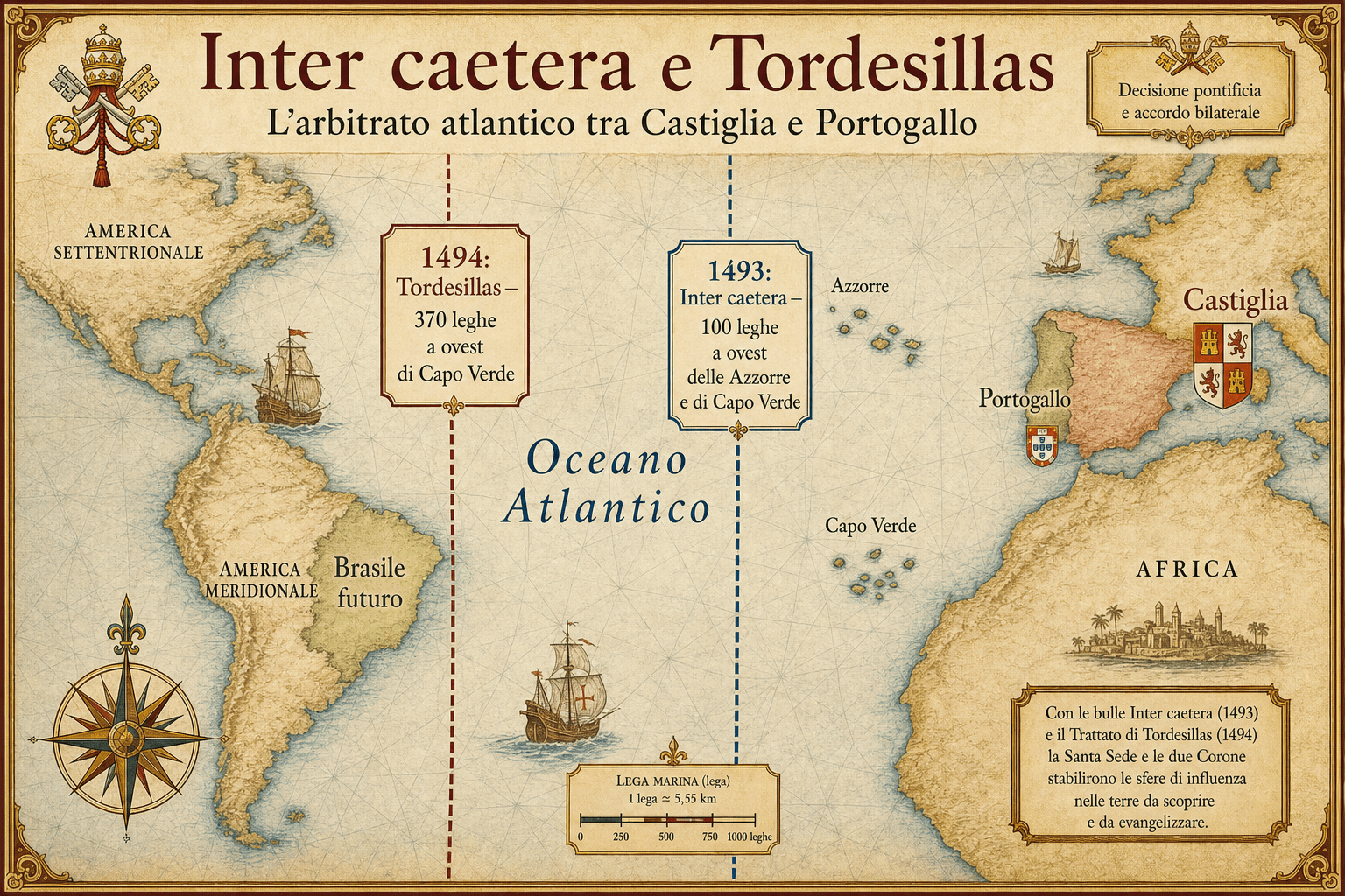 Carta infografica della linea di demarcazione di Inter caetera (1493) e del trattato di Tordesillas (1494)