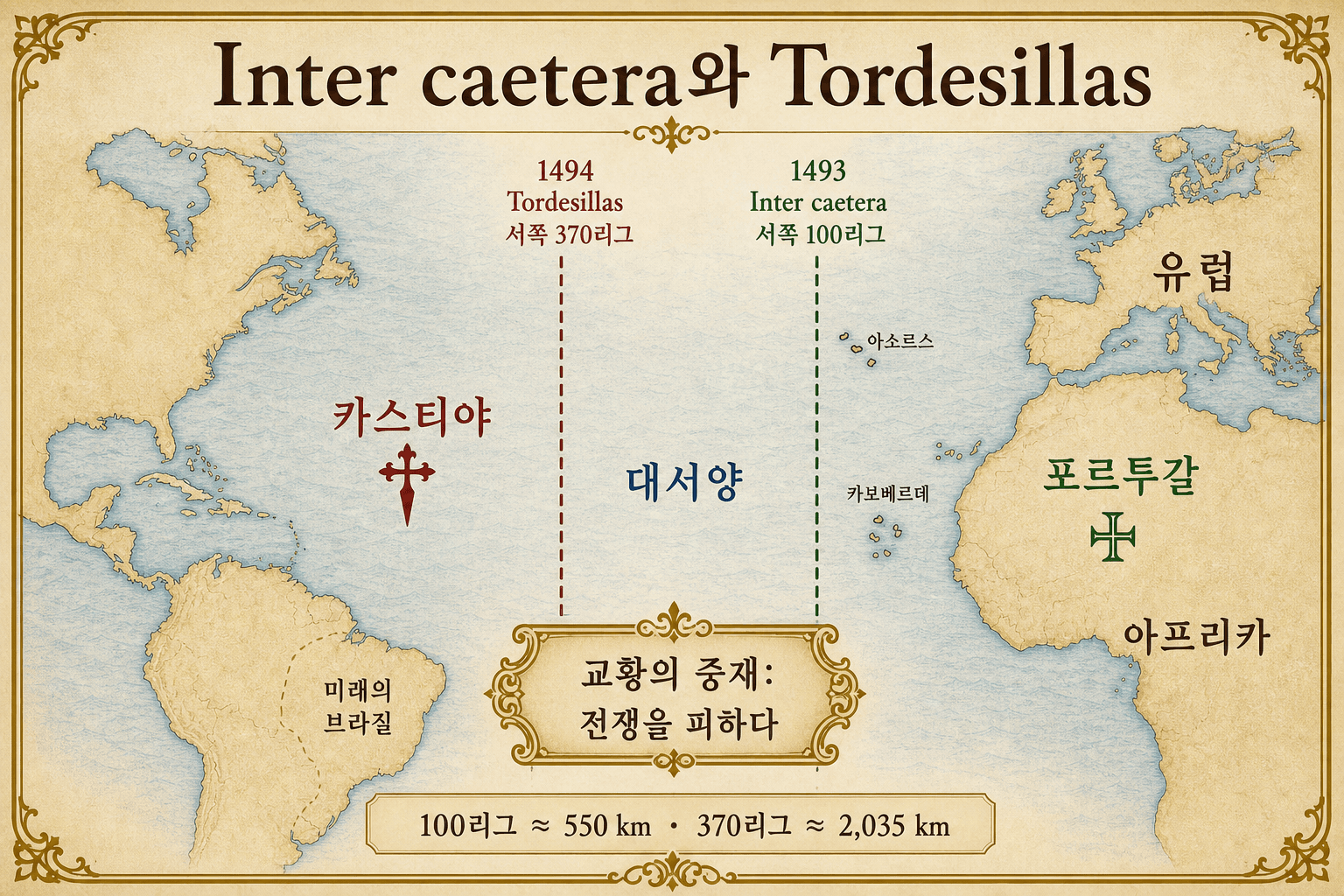Inter caetera(1493) 경계선과 토르데시야스 조약(1494) 인포그래픽 지도
