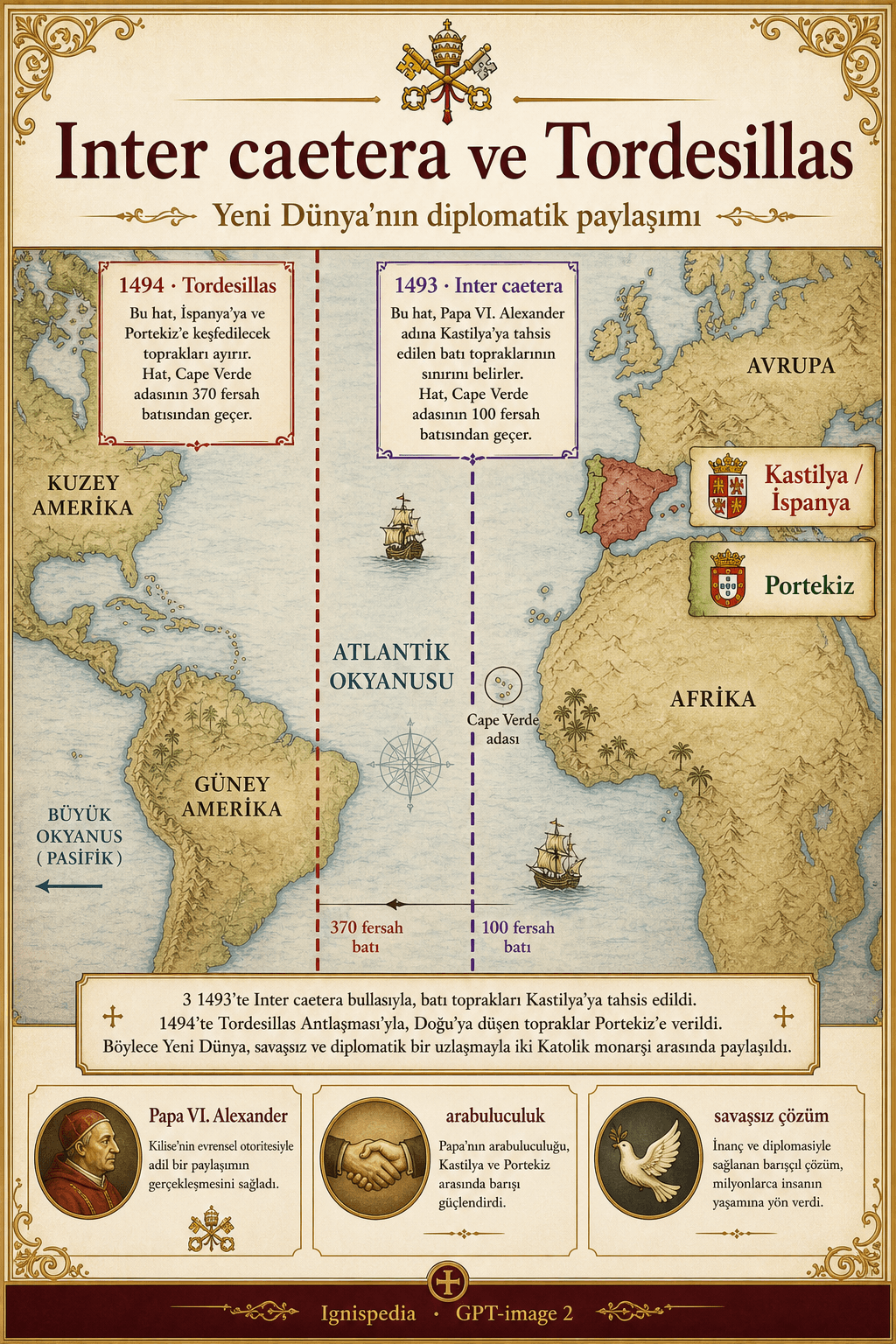 Inter caetera (1493) sınır çizgisi ve Tordesillas Antlaşması (1494) infografiği
