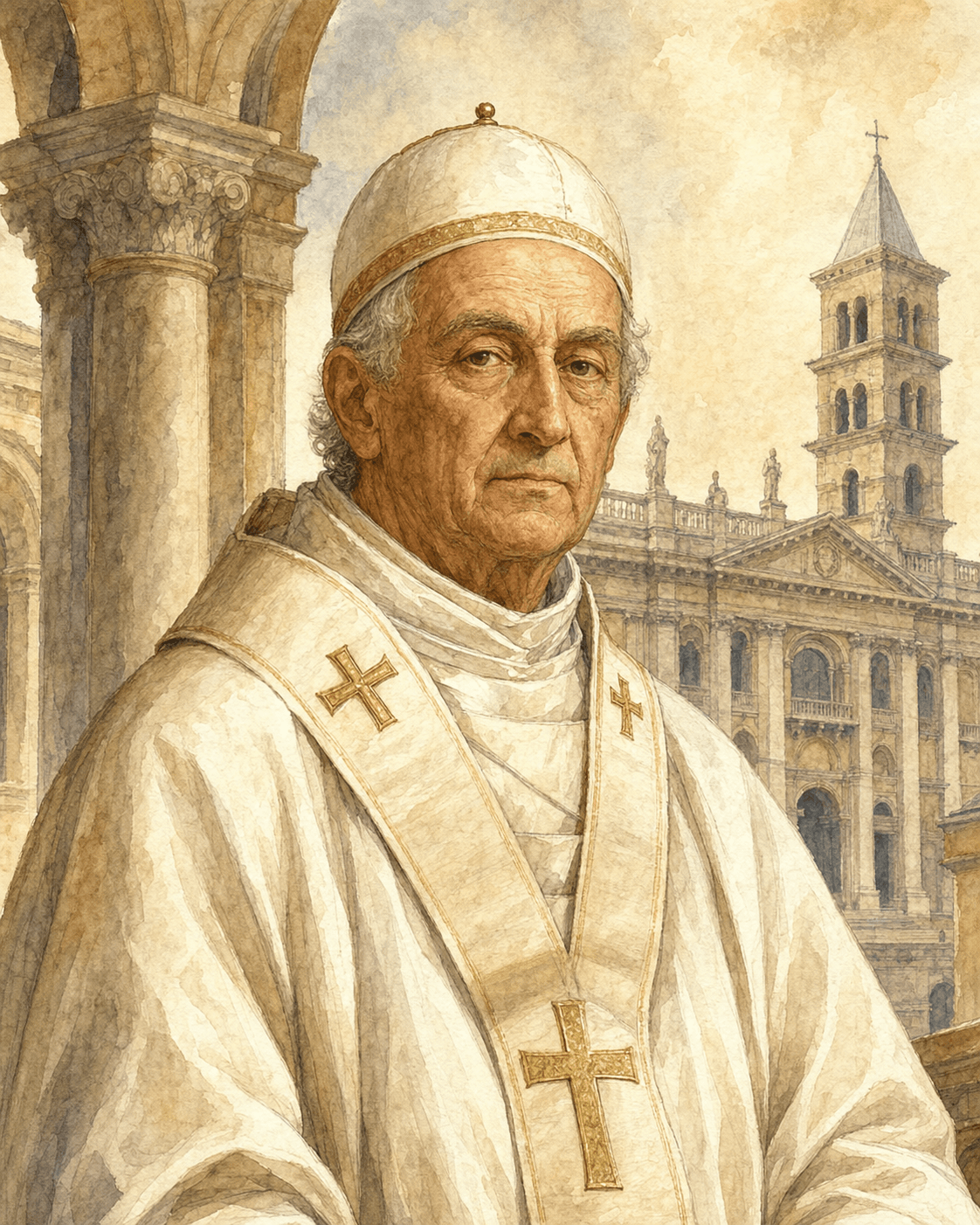 1153'te seçilmiş yaşlı bir Romalı olan Papa IV. Anastasius'u (Corrado della Suburra) temsil eden tarihi suluboya