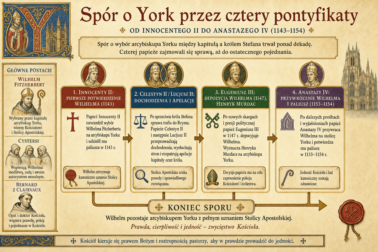 Infografika przedstawiająca spór w Yorku od Innocentego II do Anastazego IV wraz z przywróceniem Wilhelma z Yorku