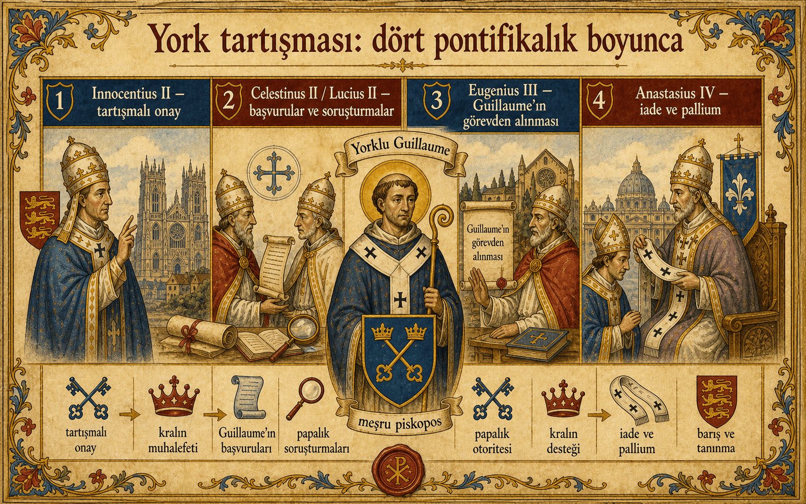 II. Innocentius'tan IV. Anastasius'a kadar York tartışmasını ve Yorklu Guillaume'un iadesini izleyen infografik