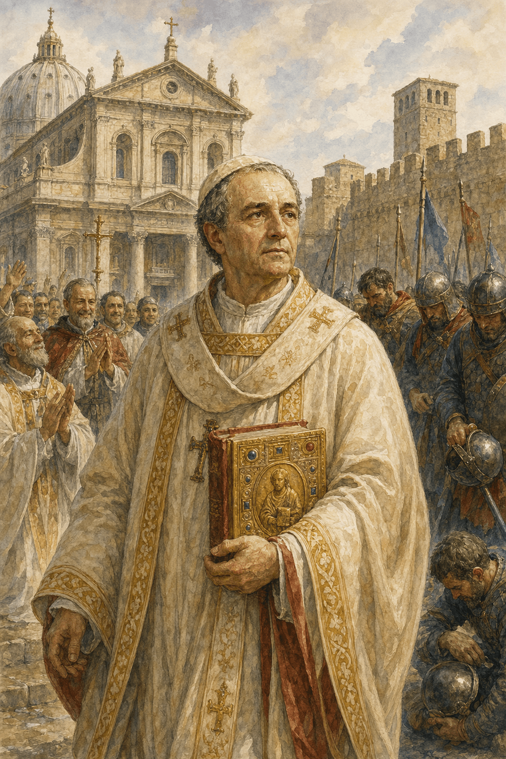Aquarelle historique représentant le pape Benoît III consacré à Saint-Pierre en 855