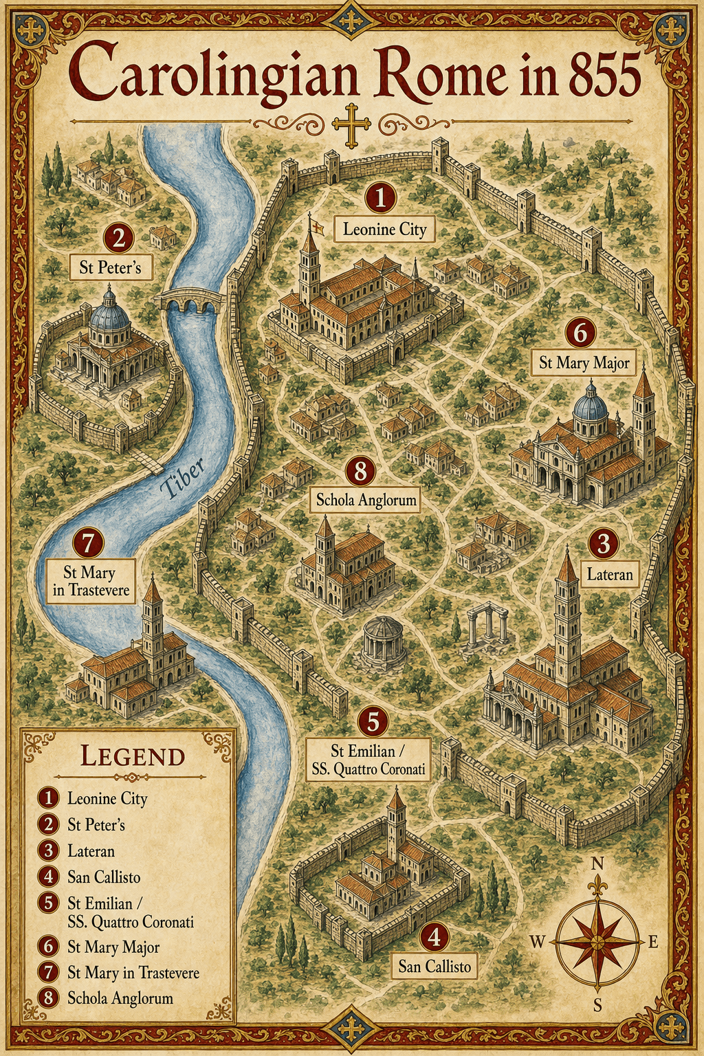 English infographic map of Carolingian Rome in 855 with Saint Peter's, the Lateran, the Leonine City and the Schola Anglorum