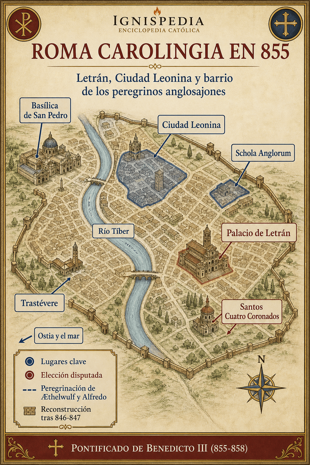 Mapa infográfico de la Roma carolingia en 855 con San Pedro, Letrán, la Ciudad Leonina y la Schola Anglorum