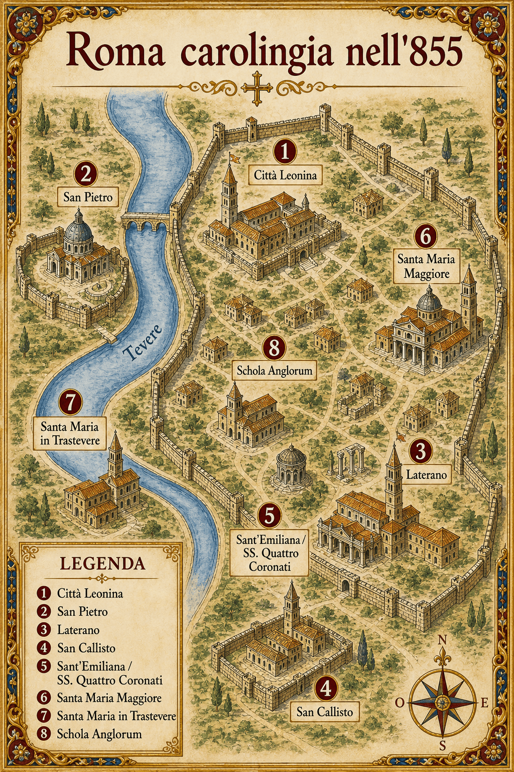 Mappa infografica della Roma carolingia dell'855 con San Pietro, il Laterano, la Città Leonina e la Schola Anglorum