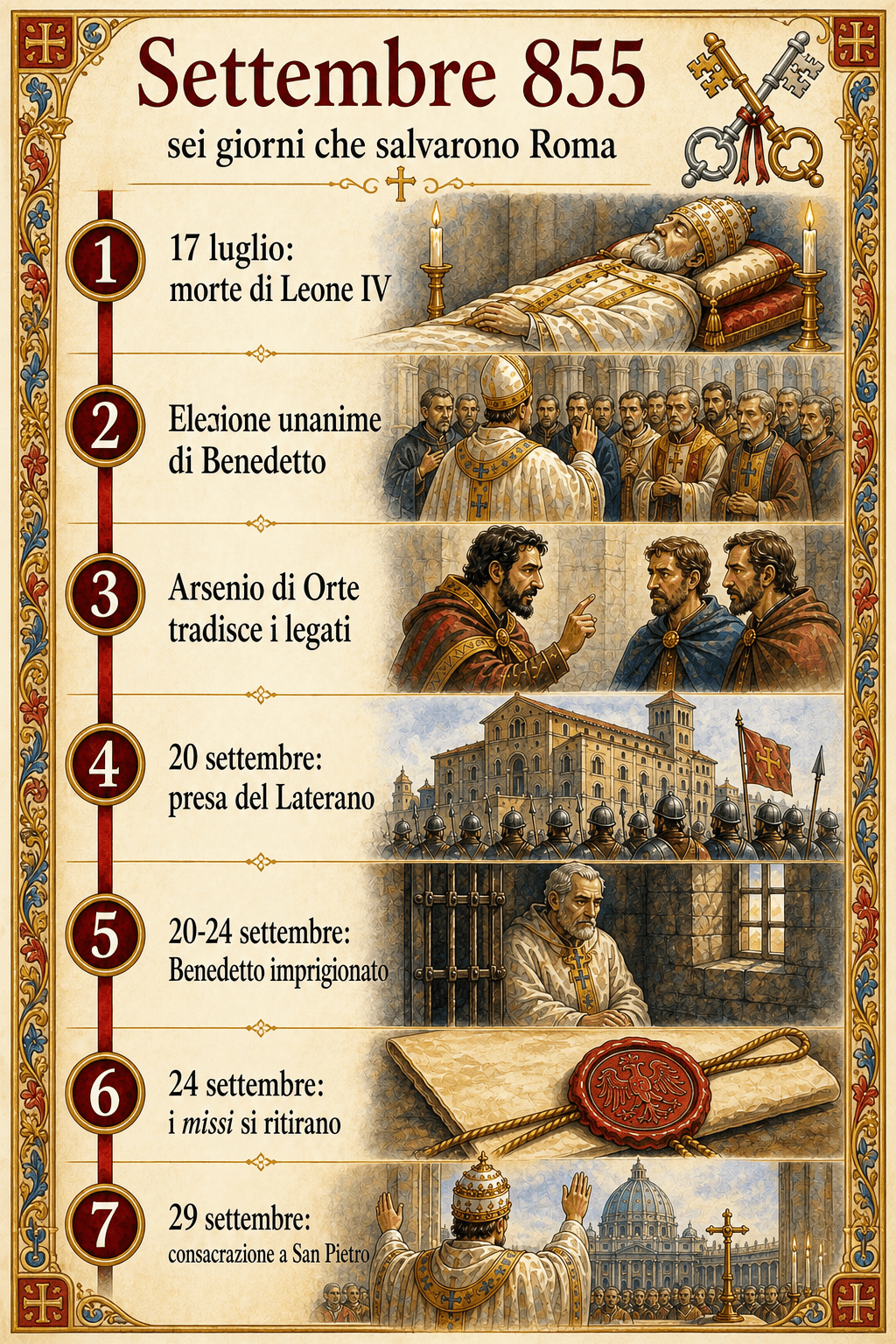 Fregio verticale del settembre 855 riassuntivo della crisi dell'antipapa Anastasio e della consacrazione di Benedetto III
