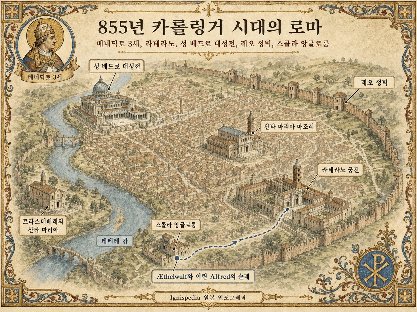 855년 카롤링거 시대 로마의 인포그래픽 지도에는 성 베드로, 라테란, 레오닌 시티, 스콜라 앙글로룸이 포함되어 있습니다.
