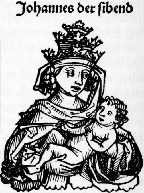 Gravure de la papesse Jeanne accouchant dans la Schedelsche Weltchronik d'Hartmann Schedel, Nuremberg 1493
