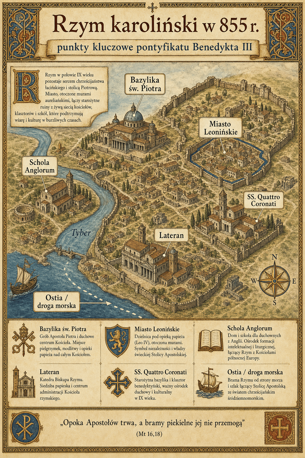 Infograficzna mapa karolińskiego Rzymu z 855 r. ze św. Piotrem, lateranem, miastem Leonin i Schola Anglorum