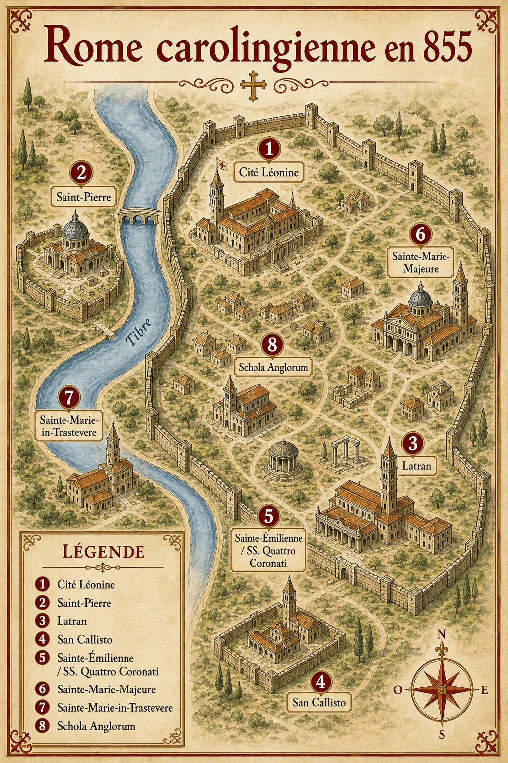 Carte infographique de Rome carolingienne en 855 avec Saint-Pierre, le Latran, la Cité Léonine et la Schola Anglorum