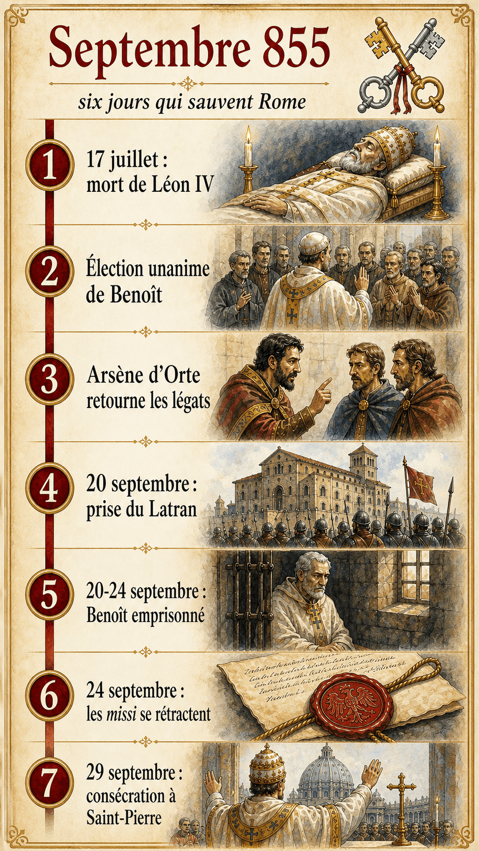 Frise verticale de septembre 855 résumant la crise de l'antipape Anastase et la consécration de Benoît III