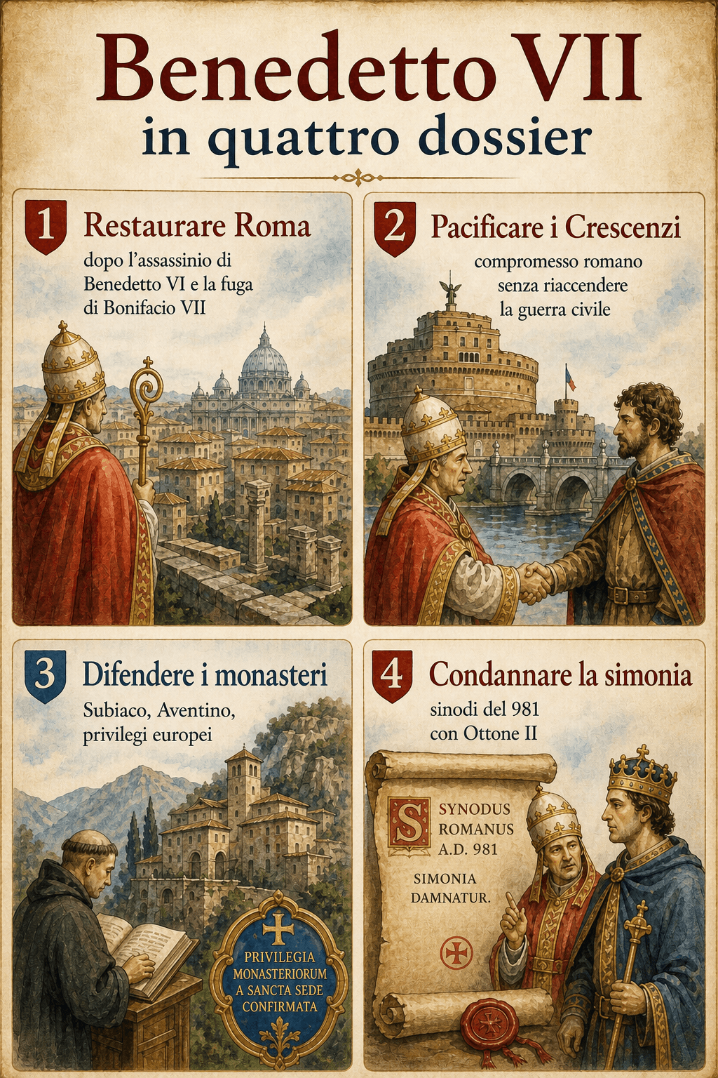 Infografica Benedetto VII in quattro fascicoli: restaurare Roma, pacificare i Crescenzi, difendere i monasteri e condannare la simonia