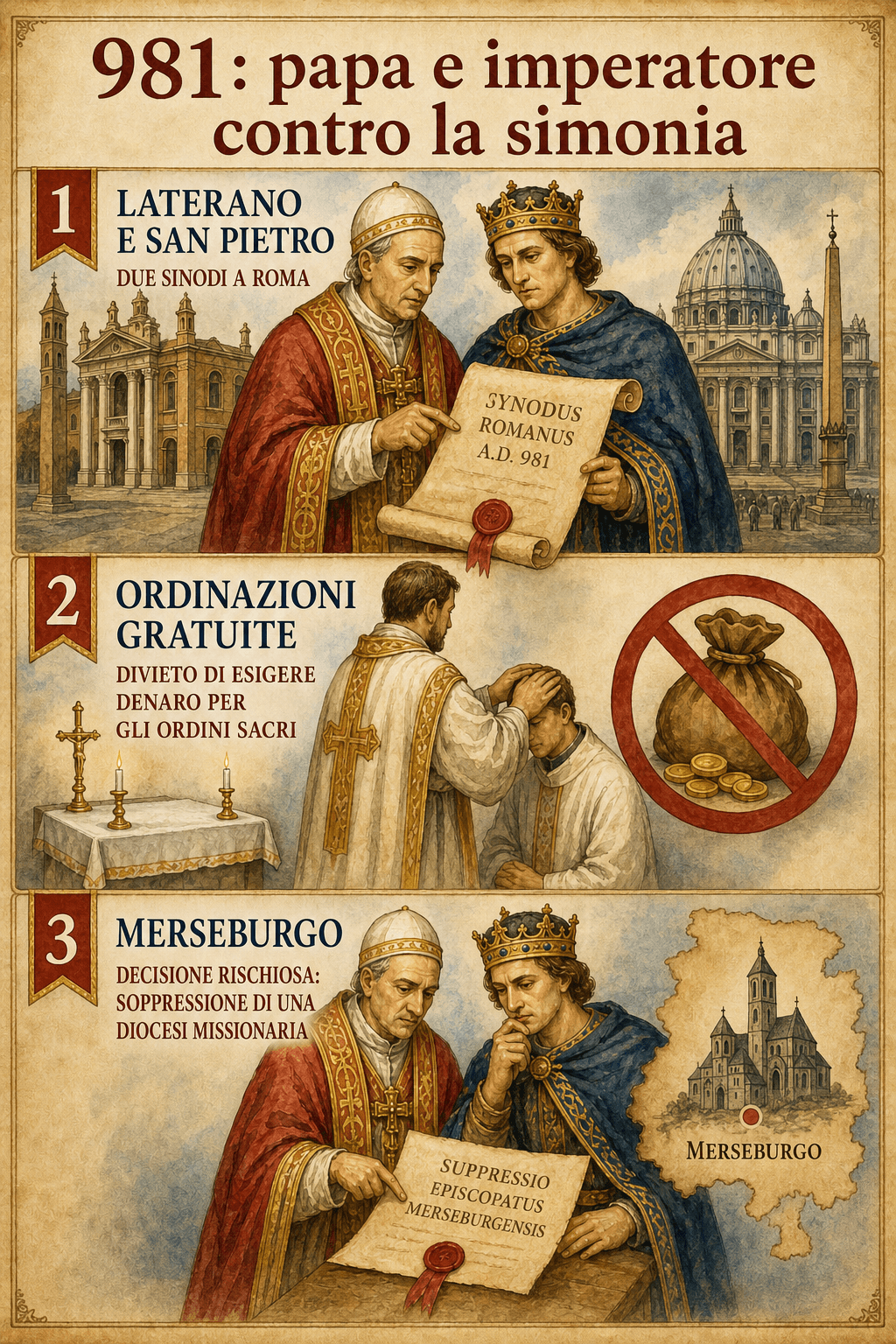 Infografica sui sinodi del 981: Benedetto VII, Ottone II, ordinazioni gratuite e soppressione di Merseburgo