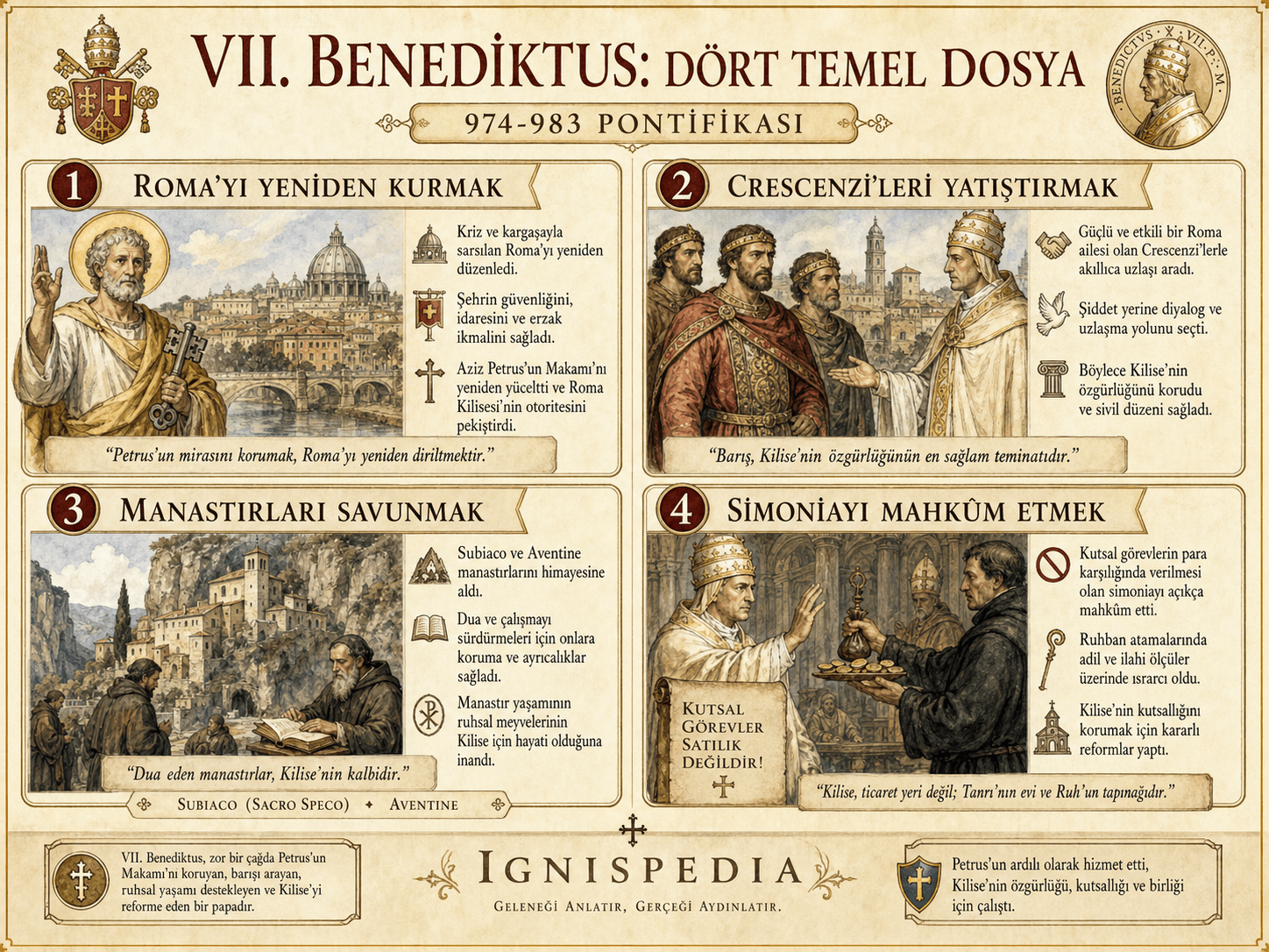 Infographic VII. Benediktus dört dosyada: Roma'yı restore etmek, Crescenzi'yi sakinleştirmek, manastırları savunmak ve simoniayı kınamak